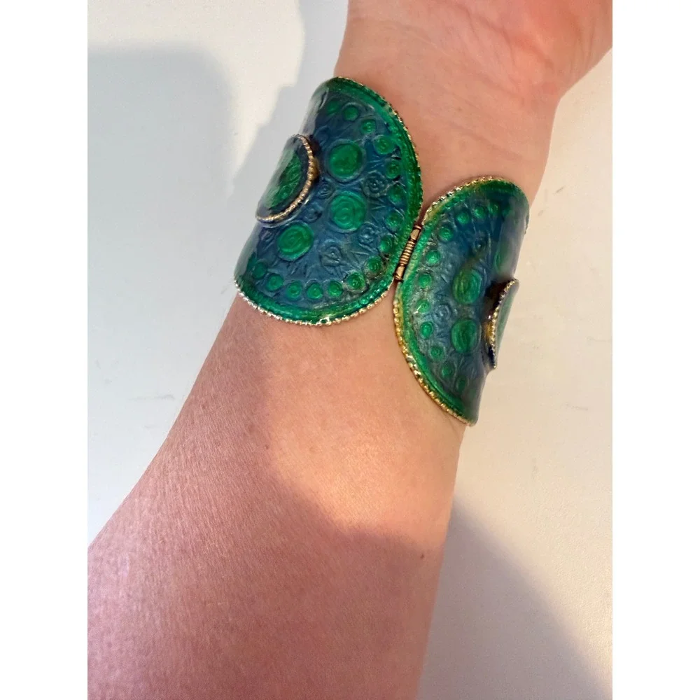 Green Blue Enamel Paisley Hinged Cuff Bracelet Gold Tone Statement Wide Band
